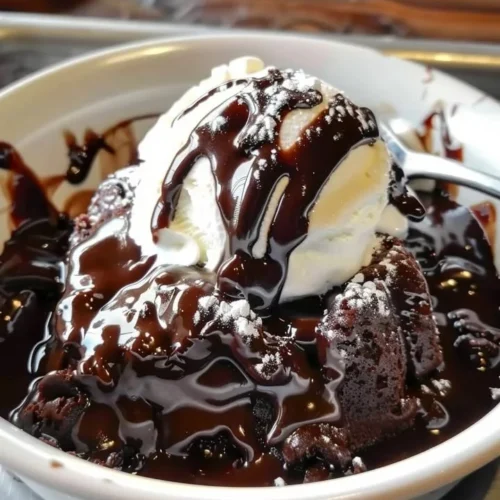 Delicious hot fudge chocolate pudding cake with creamy chocolate sauce