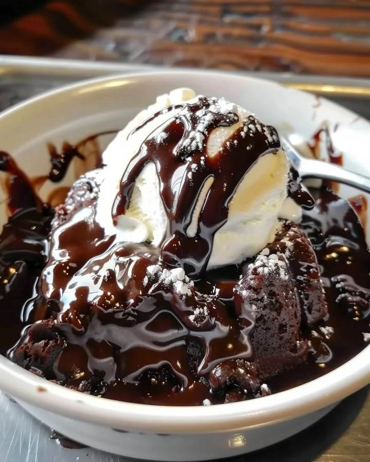 Delicious hot fudge chocolate pudding cake with creamy chocolate sauce