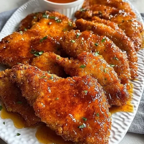 Delicious hot honey chicken cutlets garnished with herbs