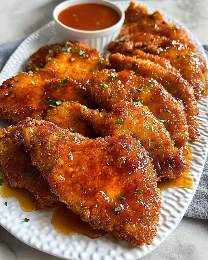 Delicious hot honey chicken cutlets garnished with herbs