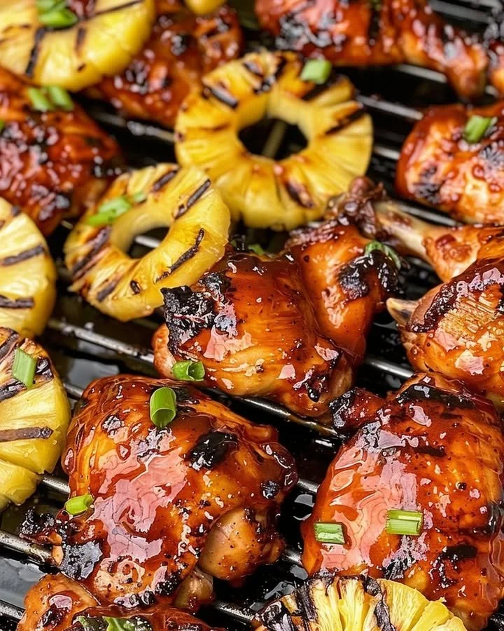 Huli Huli Chicken marinade on grilled chicken served with tropical sides.
