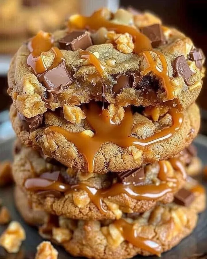 Delicious Butterfinger Caramel Crunch Cookies stacked on a plate