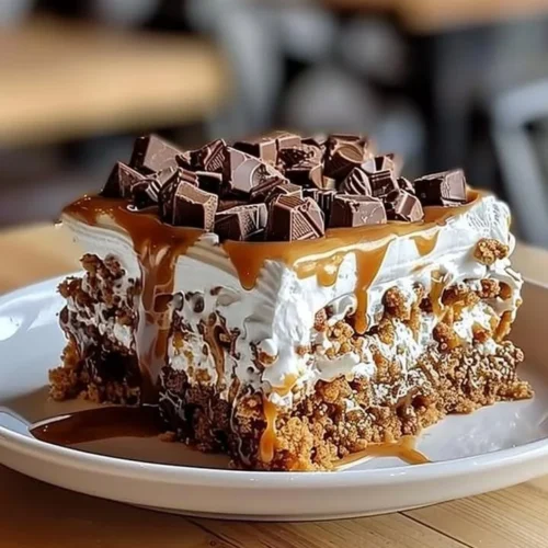 Delicious Heath Bar Poke Cake topped with chocolate and crushed Heath bars