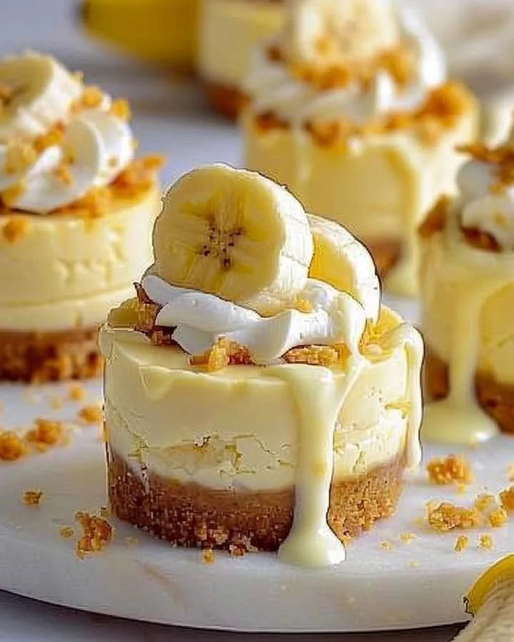 Irresistible mini banana pudding cheesecakes topped with whipped cream and banana slices.
