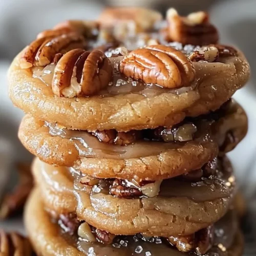 Delicious pecan pie cookies on a plate, showcasing a chewy texture and rich flavor.