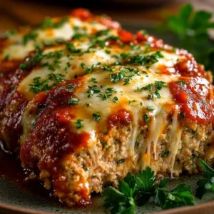 Delicious Italian-inspired Parmesan chicken meatloaf served on a plate.