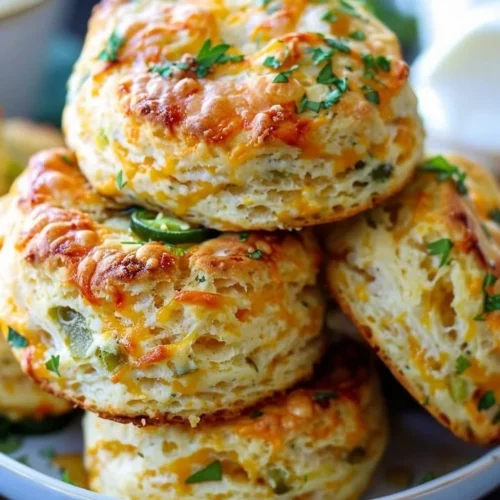 Freshly baked Jalapeño Cheddar Biscuits on a rustic wooden table