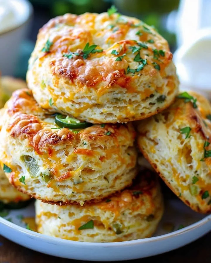 Freshly baked Jalapeño Cheddar Biscuits on a rustic wooden table