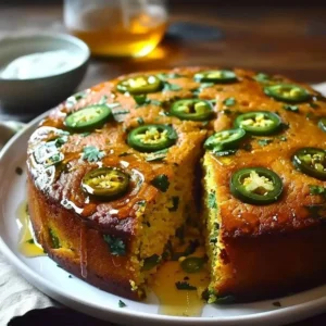 Jalapeño cornbread drizzled with lime honey glaze on a rustic wooden table.
