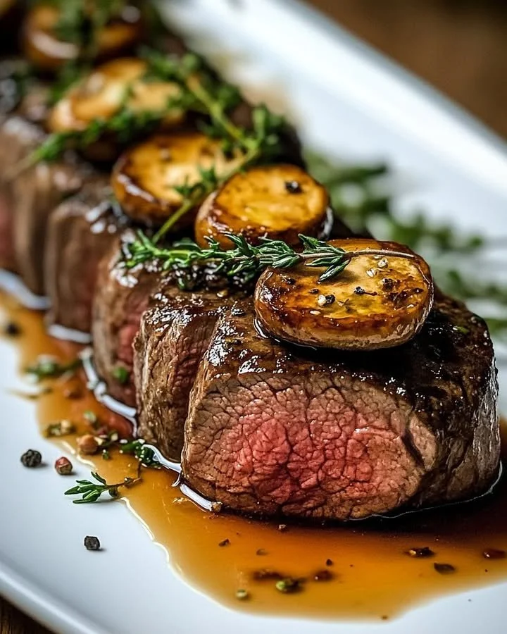 Juicy Million Dollar Roast Beef Tenderloin garnished and ready to serve.