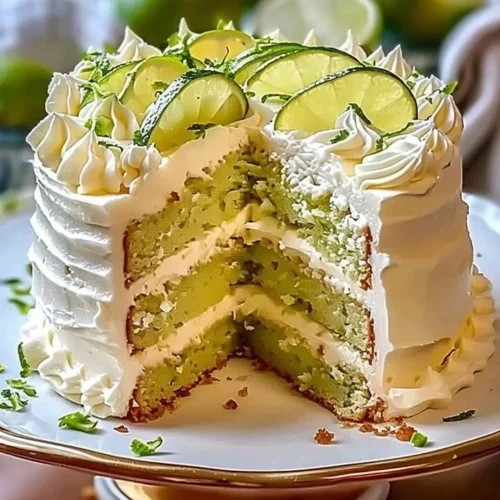 Delicious Key Lime Cake with Key Lime Cream Cheese Frosting served on a plate