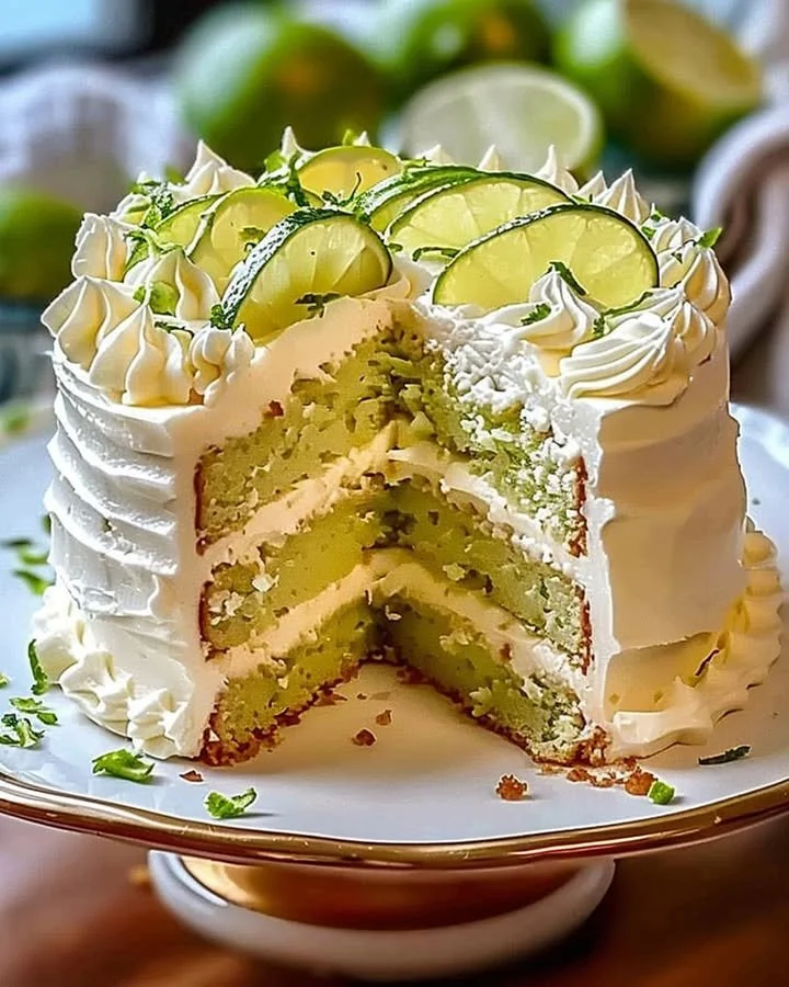 Delicious Key Lime Cake with Key Lime Cream Cheese Frosting served on a plate