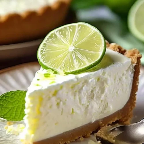 Delicious slice of Key Lime Cheesecake topped with lime zest and whipped cream