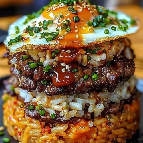 Korean BBQ Beef Rice Stack featuring layers of tender beef and rice