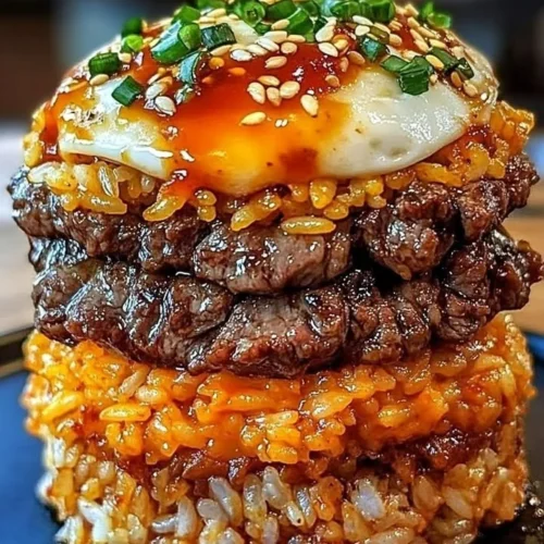 Korean BBQ Beef Rice Stack dish featuring marinated beef and rice layers.