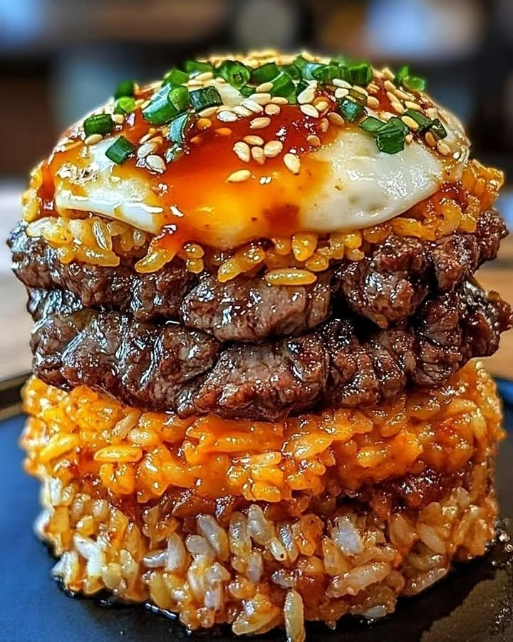 Korean BBQ Beef Rice Stack dish featuring marinated beef and rice layers.
