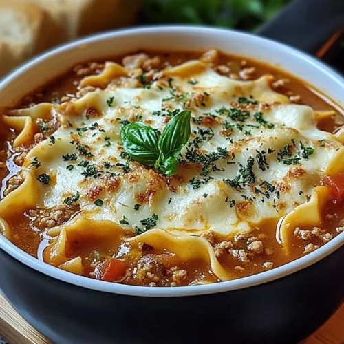 A steaming bowl of cheesy lasagna soup garnished with fresh herbs.