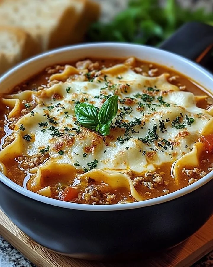 A steaming bowl of cheesy lasagna soup garnished with fresh herbs.