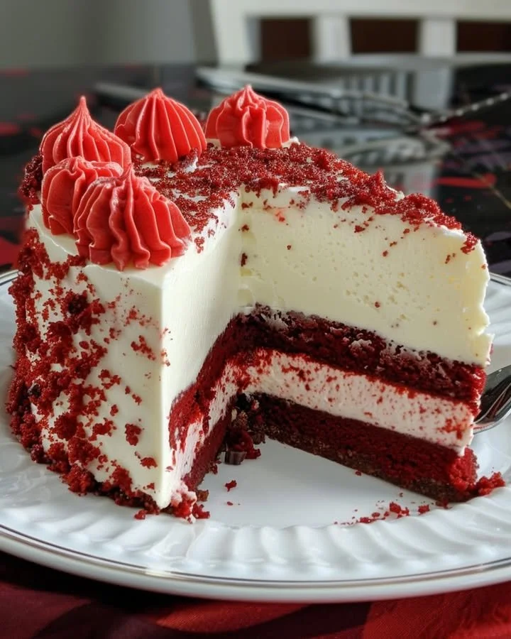 Delicious layered red velvet cheesecake topped with white chocolate