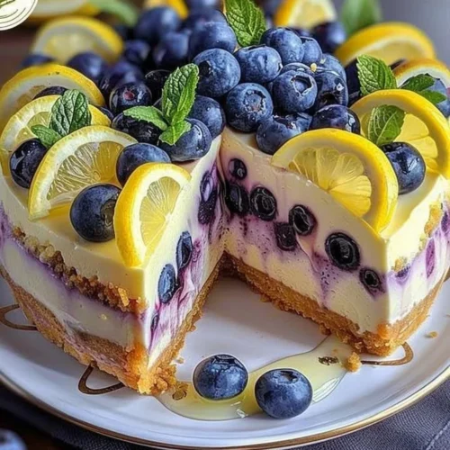 Lemon blueberry cheesecake dessert topped with fresh blueberries and lemon zest