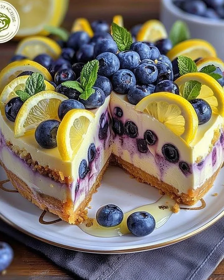 Lemon blueberry cheesecake dessert topped with fresh blueberries and lemon zest