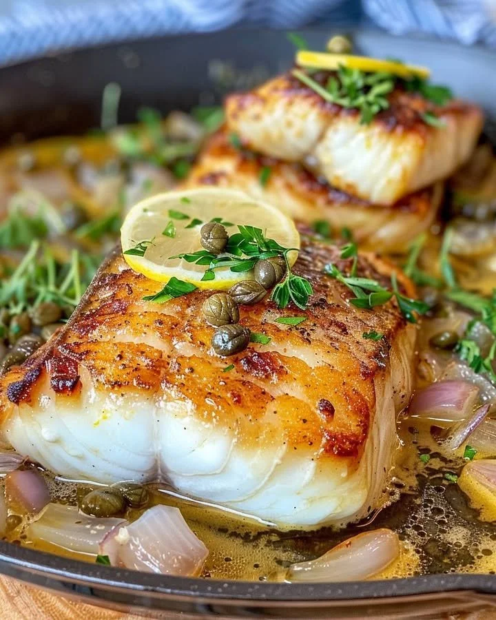Delicious Lemon Caper Butter Chilean Seabass served on a plate