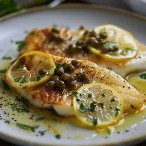 Delicious Lemon-Caper Butter Sole served with fresh herbs and lemon wedges.