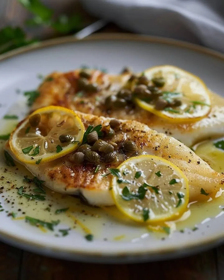 Delicious Lemon-Caper Butter Sole served with fresh herbs and lemon wedges.