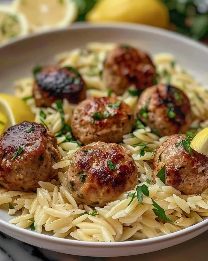 Lemon Chicken Ricotta Meatballs served on a plate with garlic orzo garnish.