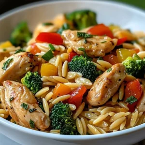 Lemon Chicken Vegetable Orzo Stir Fry served in a colorful bowl.