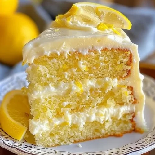 Lemon Heaven Cake topped with lemon zest and fresh berries