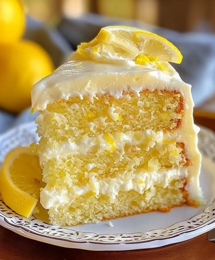 Lemon Heaven Cake topped with lemon zest and fresh berries