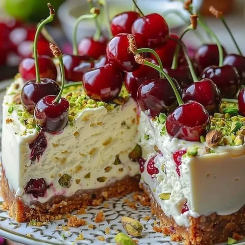 Lemon-Lime Cherry Pistachio Cheesecake slice on a plate with colorful toppings