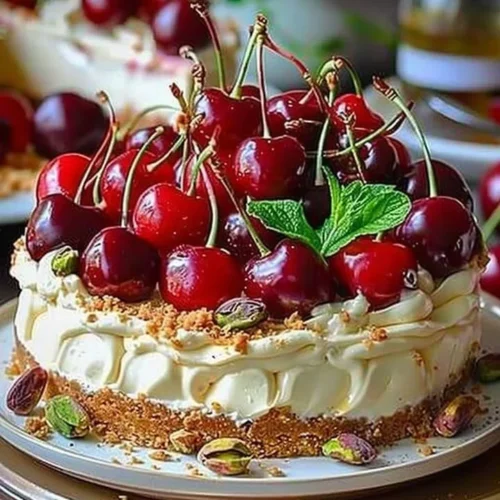 Lemon Lime Cherry Pistachio Cheesecake with vibrant toppings on a dessert plate.