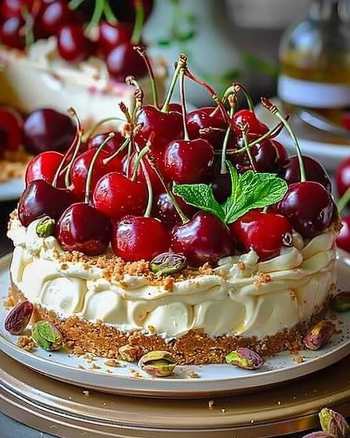 Lemon Lime Cherry Pistachio Cheesecake with vibrant toppings on a dessert plate.