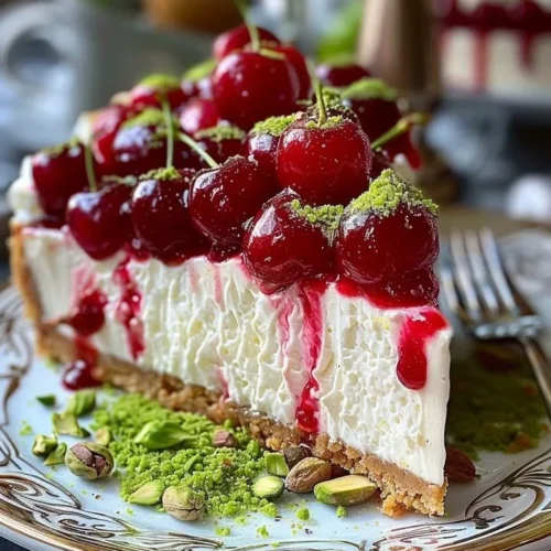 Lemon-Lime Cherry Pistachio Cheesecake topped with fresh fruit and nuts.