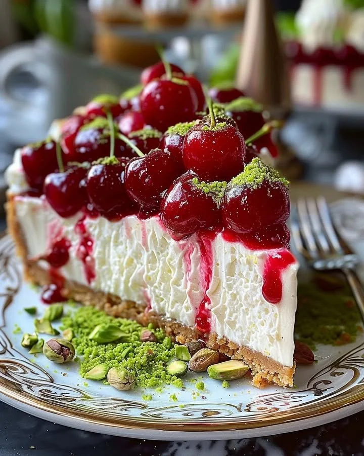 Lemon-Lime Cherry Pistachio Cheesecake topped with fresh fruit and nuts.