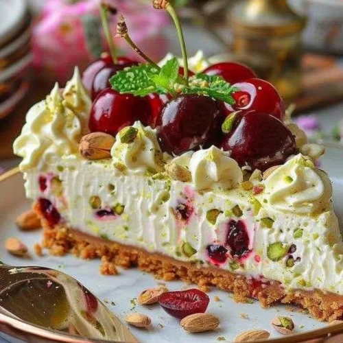Lemon-Lime Cherry Pistachio Cheesecake slice on a white plate with cherries and lime.