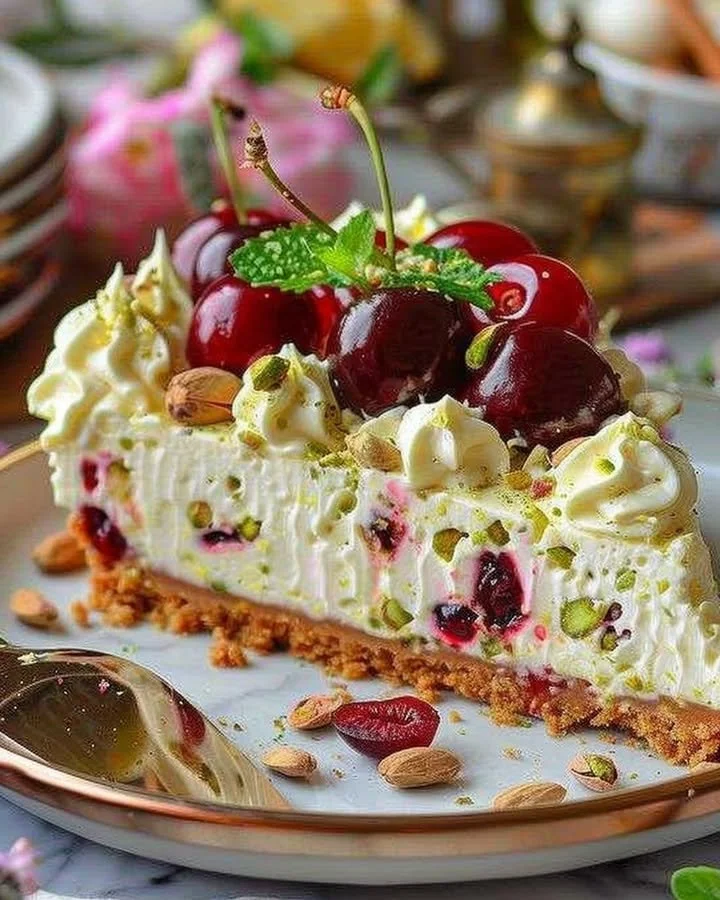 Lemon-Lime Cherry Pistachio Cheesecake slice on a white plate with cherries and lime.