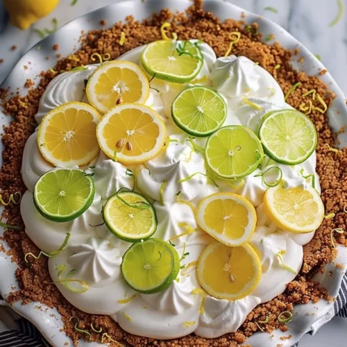Delicious Lemon Lime Icebox Pie served in a sliced pie dish with garnishes.