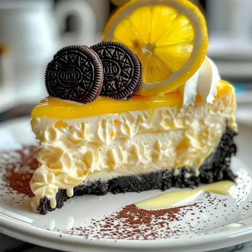 Delicious Lemon Oreo Cheesecake served on a white plate