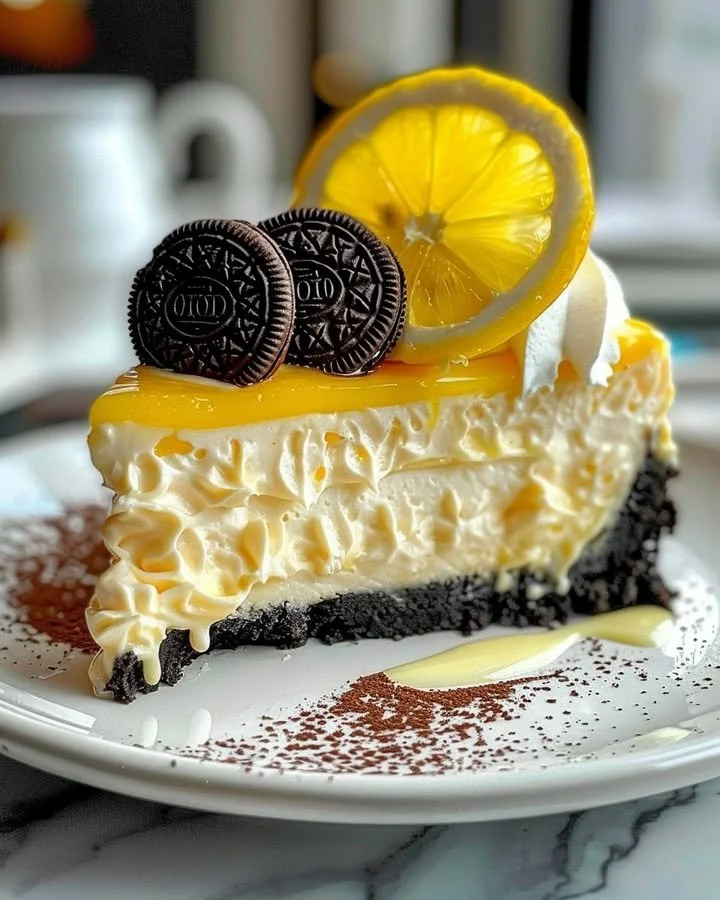 Delicious Lemon Oreo Cheesecake served on a white plate