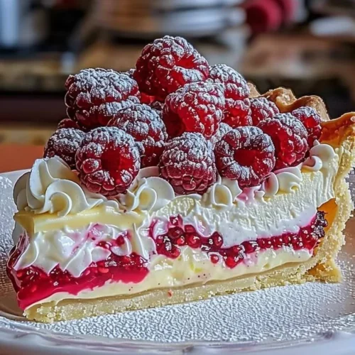 Layered lemon raspberry pie with fresh berries and vibrant citrus filling.