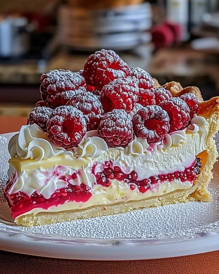 Layered lemon raspberry pie with fresh berries and vibrant citrus filling.