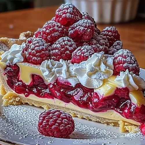 Lemon raspberry layered pie with vibrant colors and fresh fruit toppings