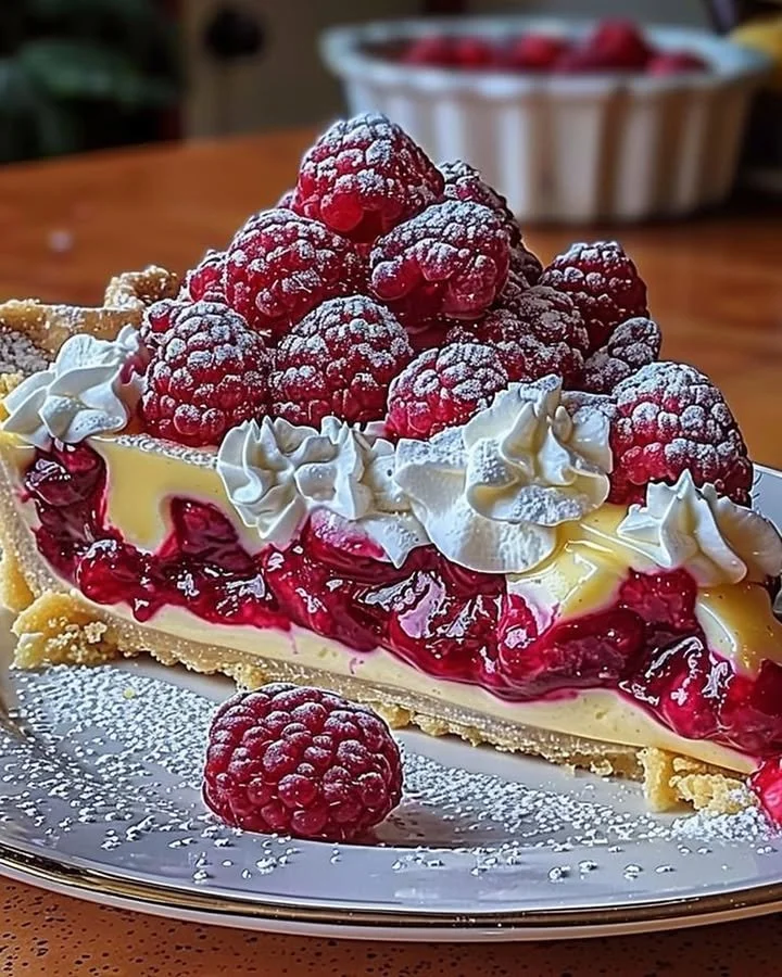 Lemon raspberry layered pie with vibrant colors and fresh fruit toppings