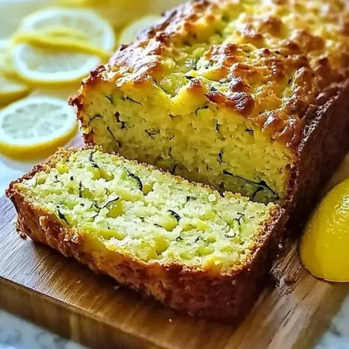 Slice of moist Lemon Zucchini Bread with lemon zest and fresh zucchini