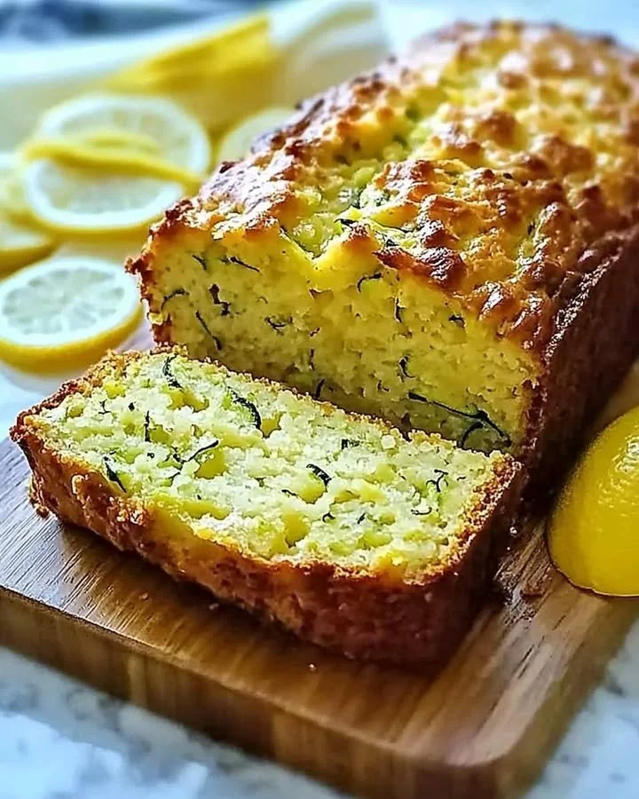 Slice of moist Lemon Zucchini Bread with lemon zest and fresh zucchini