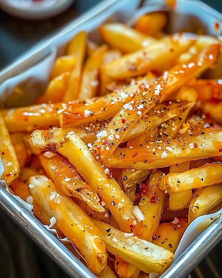 Plate of Louisiana Voodoo Fries topped with spicy seasonings and sauces