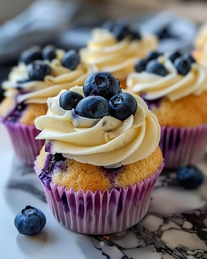 Delicious blueberry cupcakes topped with whipped cream and fresh blueberries